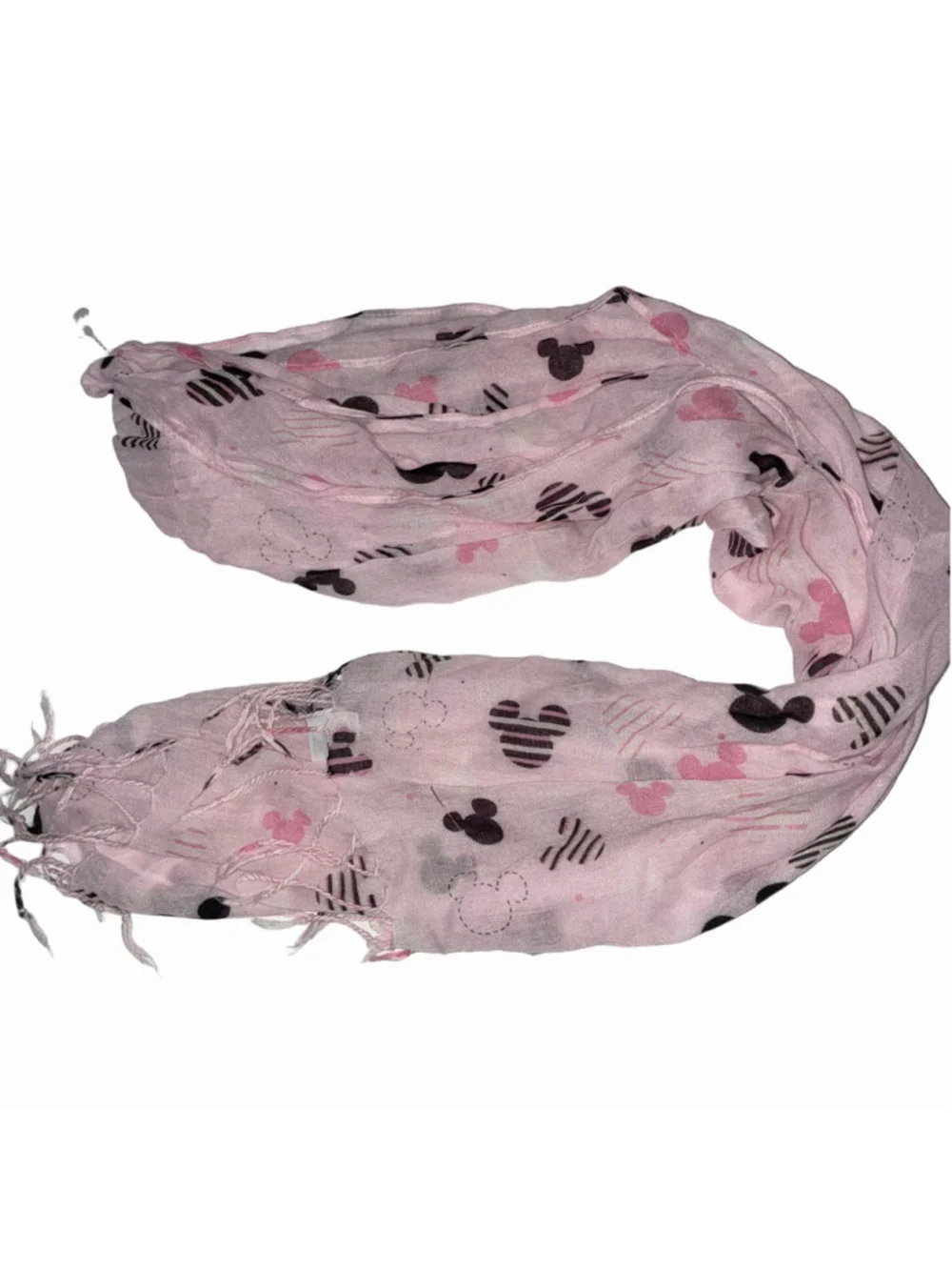 Women's Disney Mickey Mouse Print Scarf Lightweight Sheer Pink and Black Fringe